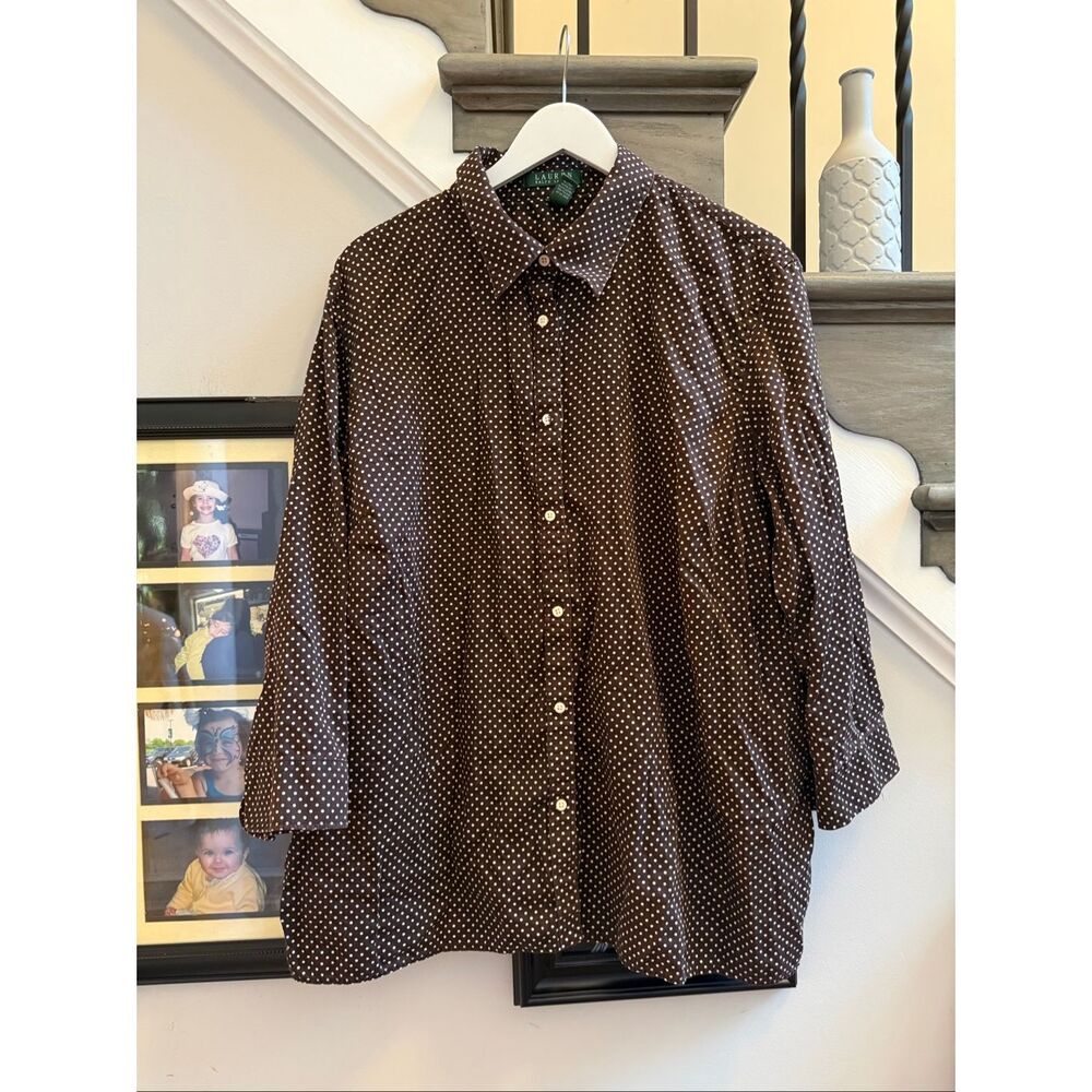 Lauren Ralph Lauren Brown Polka Dot Button Up Shirt sz 3X